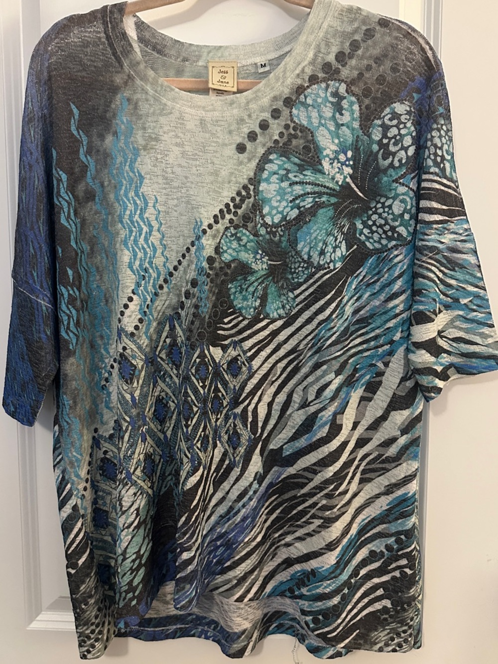 Womens Short Sleeve Floral Zebra Print Top - Teal & Black it runs big like a lar
